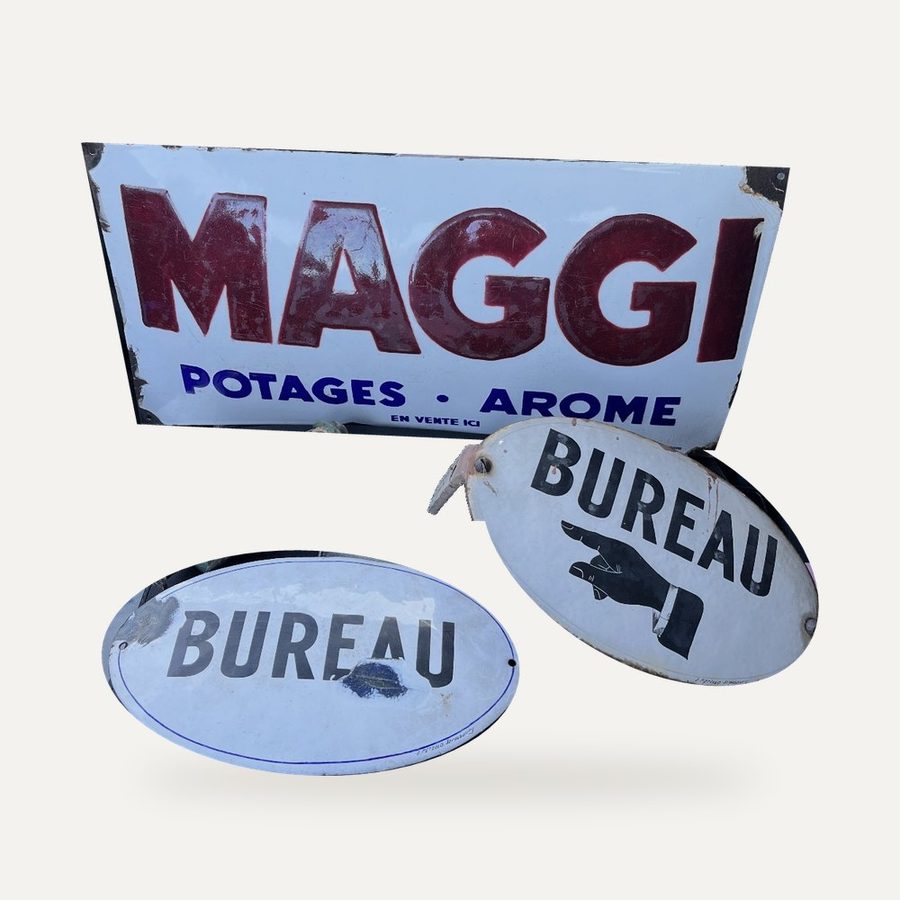 Plaque émaillée Maggi et plaques de porte « Bureau »